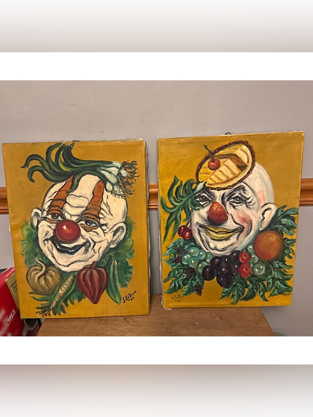 Vintage set of two signed mid-century 1969 Clown Portrait Paintings